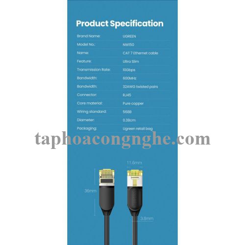 Ugreen 80418 3M 10Gbps màu đen cáp mạng CAT7 siêu mỏng nhỏ 0.38mm NW149 30080418